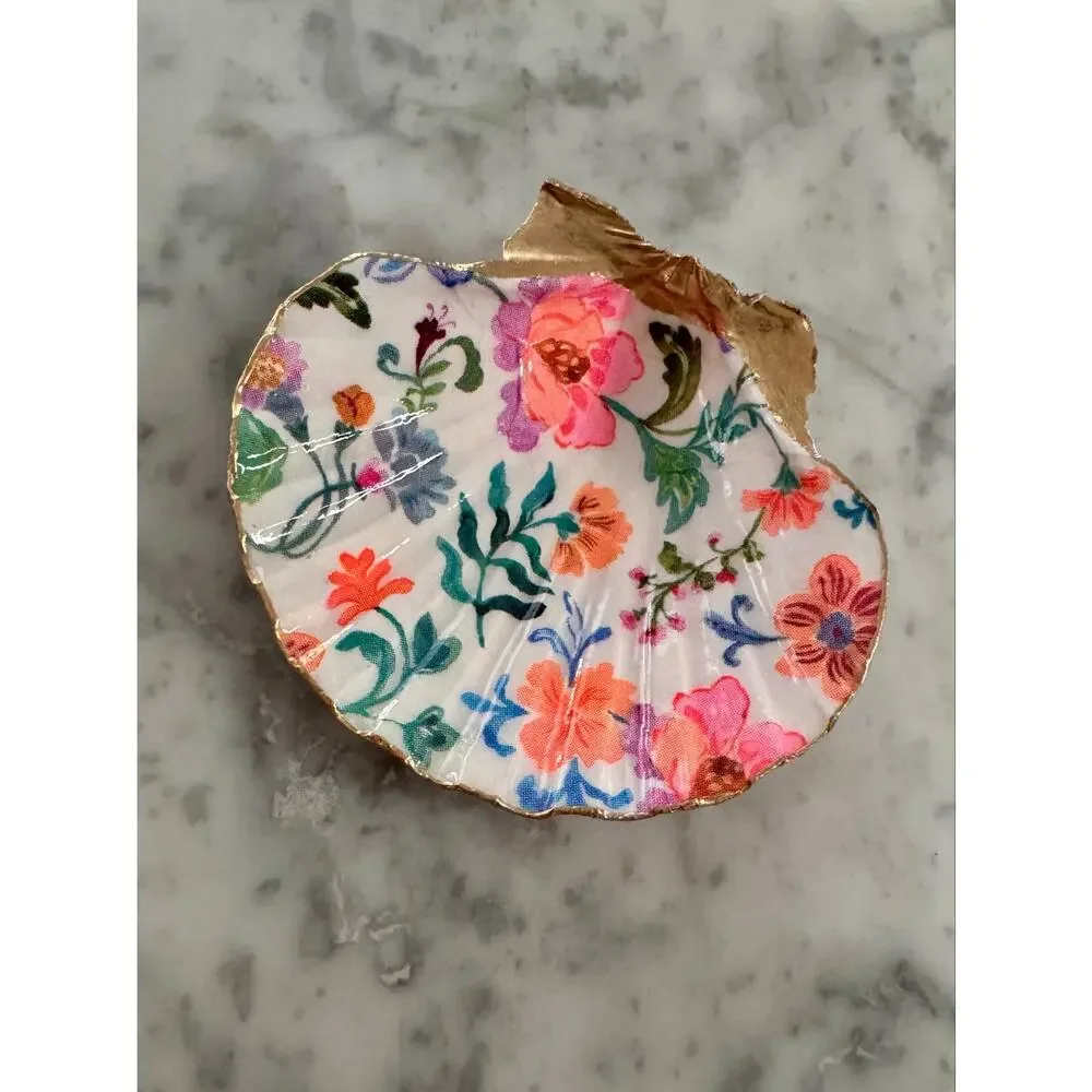 Colorful Chintz Floral Shell Trinket Dish, Flower Ring Holder